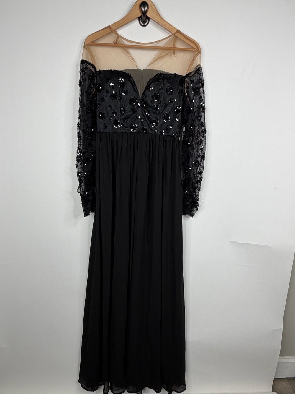 SHEIN Black Sequin Mesh Long-Sleeve Evening Gown
